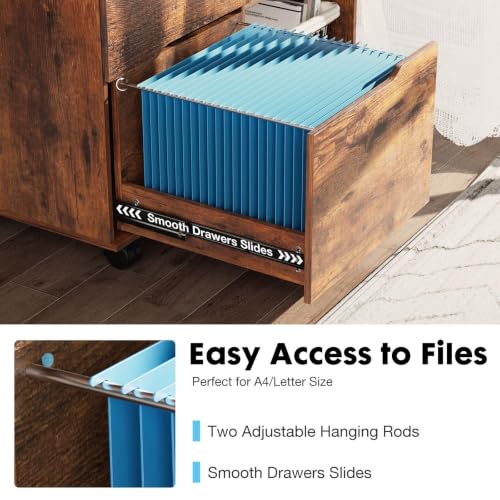 OLIXIS Brown 3-Drawer Lateral File Cabinet with Rolling Printer Stand
