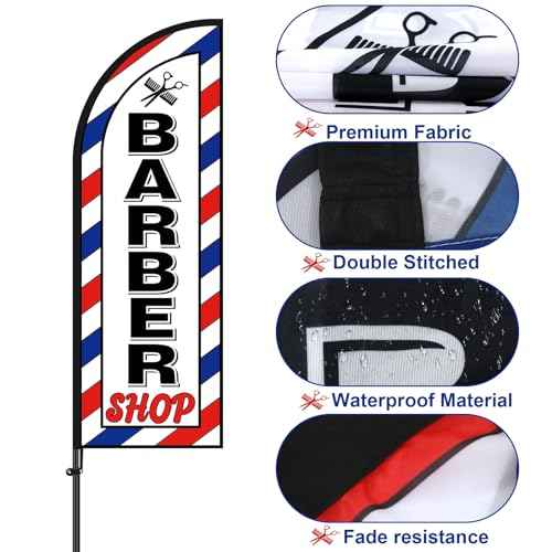 VitalCozy 2 Set Barber Flag Barbershop Themed Swooper Flag Banner with Pole Kit Open Feather Barber Sign for Salon Business Advertising Outdoor Outside(7 ft)