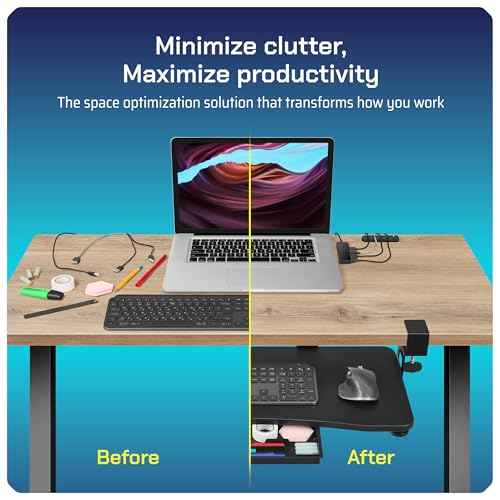 Keyboard Tray | Under Desk Keyboard Tray Slide Out w/Adjustable C-Clamps for Desks Up to 1.5-Inch-Thick | Clamp On Drawer with 1x USB-C to 4 USB-A Hub and 1x Five-Cable Management Organizer