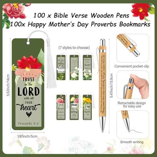 Spakon 100 Sets Mother's Day Church Gifts Bible Verse Bookmarks Inspirational Bamboo Pens Gift Bags Mom Christian Gifts Bulk Religious Mothers Day Party Favors
