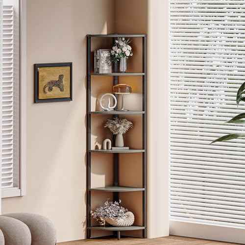 6 Tier Corner Shelf 63.1" Tall Corner Shelves Stand Ladder Shelf Grey Woodgrain Industrial Standing Bookshelf Organizer Display Rack Bookcase Plant Stand for Living Room Bedroom CS-001GW