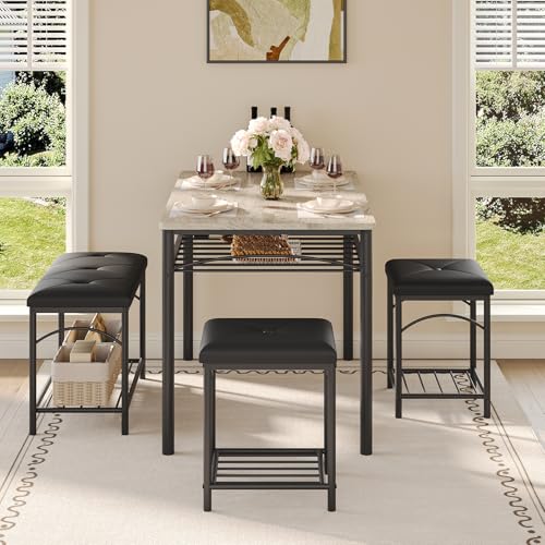 IDEALHOUSE Dining Table Set for 4 in Gray — Upholstered Benches & 2 Stools, Small Space Kitchen & Dining