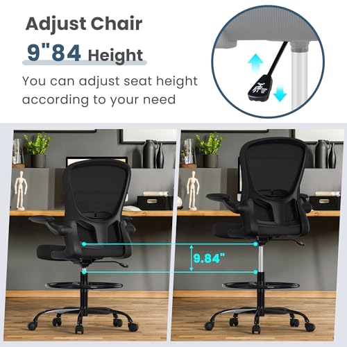 Silybon Tall Drafting Chair with Flip-Up Armrests, Lumbar Support & Adjustable Footrest (Black)