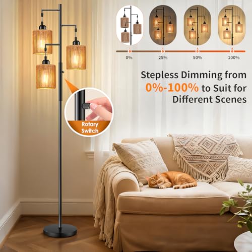 Hotsonic 72-Inch Boho Rattan Tree Floor Lamp - Black + Light Brown, Dimmable Industrial Standing Light for Living Room & Bedroom