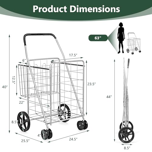 Byroce Folding Shopping Cart, Jumbo Grocery Cart on Wheels w/Double Basket, Portable Handle & Rolling Swivel Wheels, Heavy Duty Utility Cart for Groceries Laundry Book Travel Luggage (Silver)