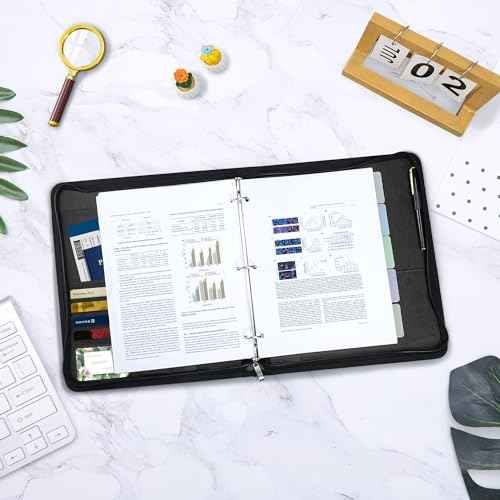 EYROZILL Zipper Portfolio Binder, 3 Ring Leather Binders 1-Inch Capacity for 8.5x11, with Document Pockets, Card Slots & Phone Holder (Black)