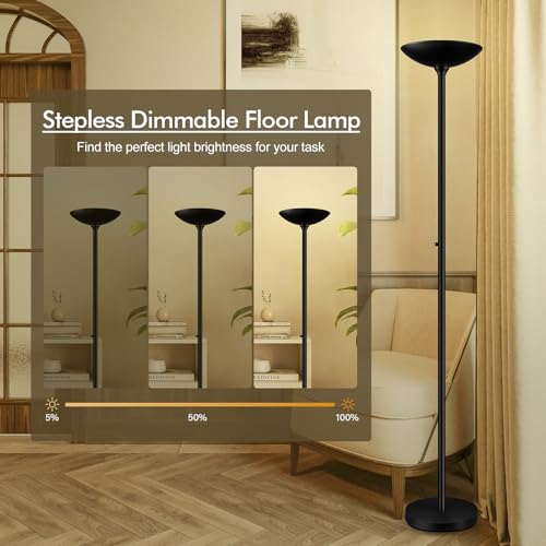 30W Torchiere Floor Lamp - 3600LM Super Bright LED Floor Lamp, 71 Inch Stepless Dimmable Standing Lamp with 3000K Lighting, Rotary Switch, Tall Metal Torch Floor lamps for Living Room/Bedroom (Black)