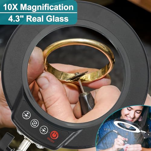 10X Magnifying Glass with Light and Stand, 2-in-1 Desk Lamp & Clamp Light, Seylae 5 Color Modes, Brightness Stepless Dimmable LED Lighted Magnifier Hands Free, Magnifier Lamp for Close Work, Reading