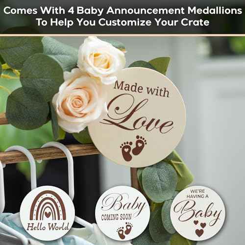 Wooden Baby Shower Crate Closet with Clear Acrylic Front - Customizable Wooden Crate Box with Dual Rod System, Easy Assembly Baby Baskets and Gift Display for Baby Shower (Burnt Wood)