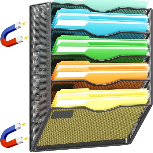 KZWKRG Black 5-Tier Magnetic Wall File Holder - No Drilling Office Organizer