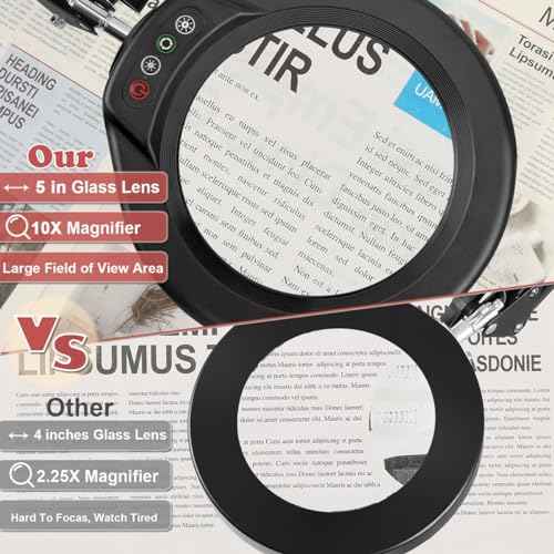 Veemagni 5 Inch Large Magnifying Glass with Light and Stand, 5 Color Modes Stepless Dimmable 10X Glass Lens, Hands Free 2-in-1 Desk Lamp & Clamp, LED Lighted Magnifier for Repair Crafts Close Work