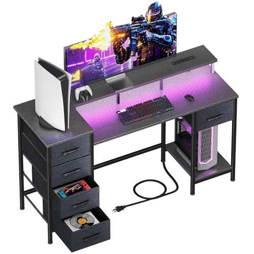47 Inch Computer Gaming Desk with Power Outlets & LED Lights Reversible Home Office Desk with Adjustable 5 Fabric Storage Drawers for Working Writing Study, Carbon Fiber Black