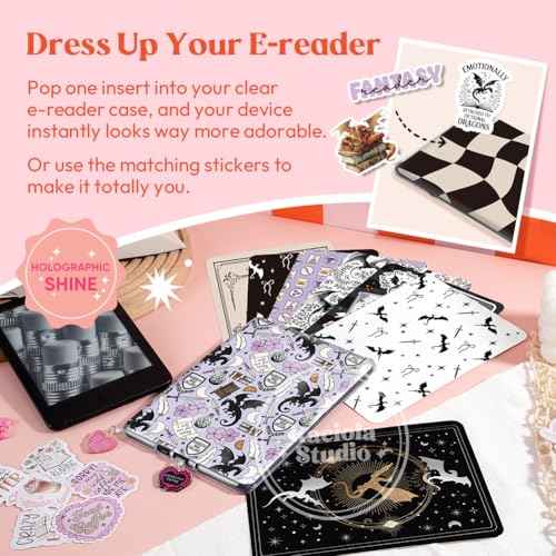 Kaciola 12PCS Inserts Cardstock for E-Reader, 50PCS Stickers for Clear Case Insert, 6.9"x4.8" Fantasy Theme Inserts Compatible with Paper White 11th-12th Gen, E-Reader Gift for Booklover Reader