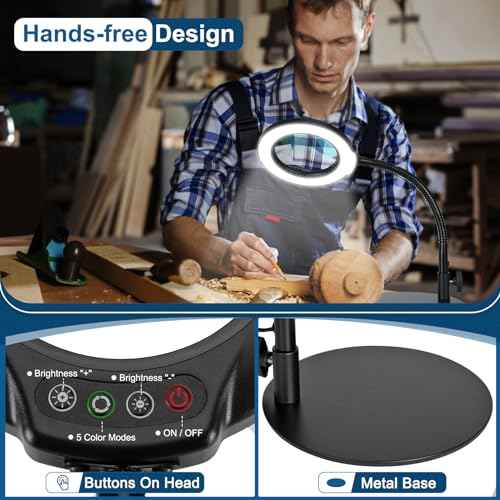 10X Magnifying Glass with Light, Flexible Gooseneck Lighted Magnifier with Stand, 5 Color Modes Dimmable LED Desk Lamp Hands Free for Crafts Painting Sewing Jewelry Reading Close Work