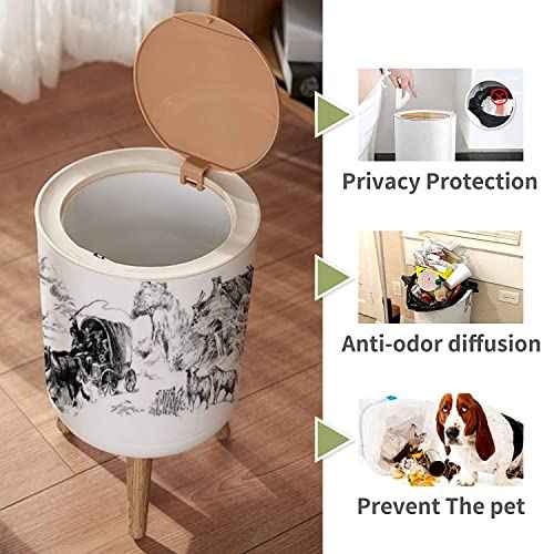 Small Trash Can with Lid Vintage Western Ranch Seamless American Wild west Garbage Bin Wood Waste Bin Press Cover Round Wastebasket for Bathroom Bedroom Kitchen 7L/1.8 Gallon