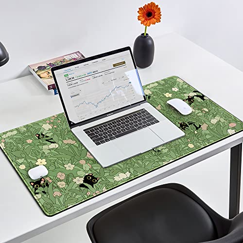 B-cat in the Meadow Green XXL Desk Mat for Keyboard & Mouse - Cute Flower & Plant Design