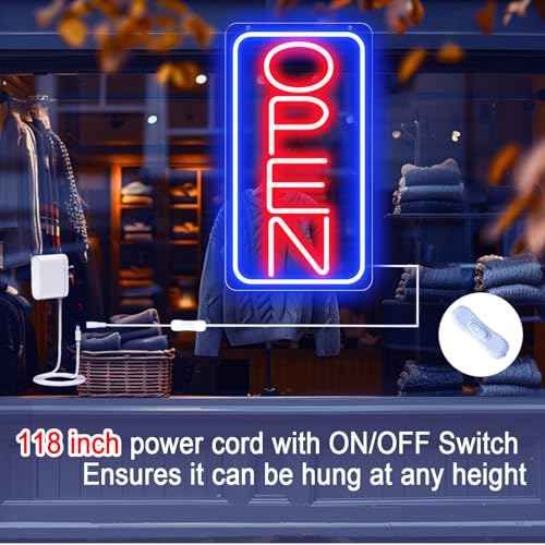 16.5" X 9" Led Neon Open Signs for Business Ultra Bright Plug In Electric Light Up Open Signs with ON/OFF Switch and 12V/2A AC Adapter for Storefront Window Bar Salon Coffee Stores (Vertical)