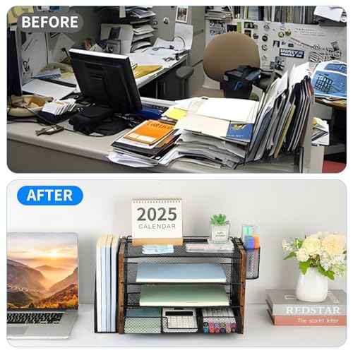 Desk Organizer and Accessories, 4-Tier Desktop File Organizer with Drawer and 2 Pen Holders, Office Desk Accessories for Office Supplies(Wood)