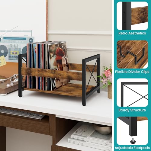 ELITEROO Vinyl Record Holder, Wooden Record Crate Fits 7¡± -12¡± Records, Vinyl Shelf Holds up to 50-100 Albums, DVDs, CDs or Files Wood Book Storage Stand Desktop Organizer Box, Rustic Brown