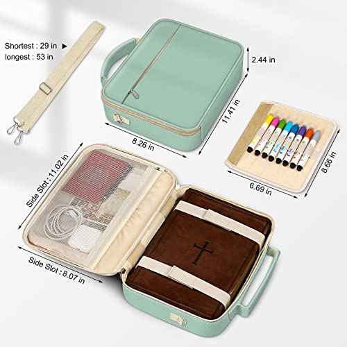 FINPAC Large Bible Cover w/Shoulder Strap, Carrying Book Case Church Bag Bible Protective w/Pen Slots and Zippered Pocket, Gift for Women Lady, Light Green