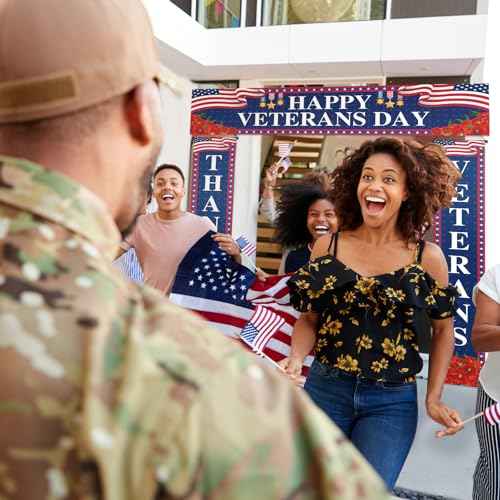 3 Pcs Veterans Day Porch Banners Thank You Banner 4th of July Patriotic Independence Day Backdrop Thank You Veterans Backdrop Blue Veteran's Fence Banner Decorations for Party