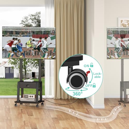 Aokitsink Rolling TV Stand with Power Outlet 23-60in, 2 Shelves, Fabric Drawer, Height Adjustable