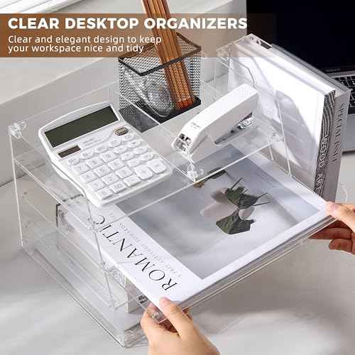 Acrylic Desk Organizer 4-Tier with Vertical File Holder ? Durable Letter Tray & Book Organizer for Home Office, Magazines, Documents & Stationery ? Sleek Modern Space Saver