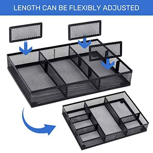 Neudeco Desk Drawer Organizer with 6 Adjustable Dividers, Metal Pen organizer for desk drawer,Mesh Office Desk Drawer Organizer Tray for office supplies (Pack 4, Black)