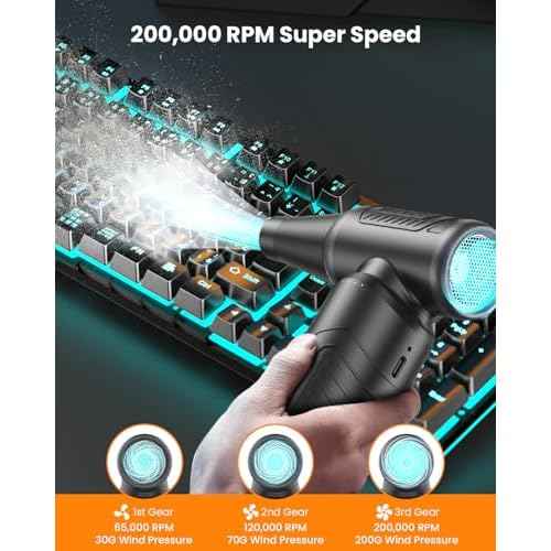 Compressed Air Duster, 200,000 RPM Electric Air Duster for Computer, 3 Gear Adjustable High-Speed Air Blower, 9,000mAh Large Battery Reusable no Canned Keyboard Cleaner for Office, Home, Car