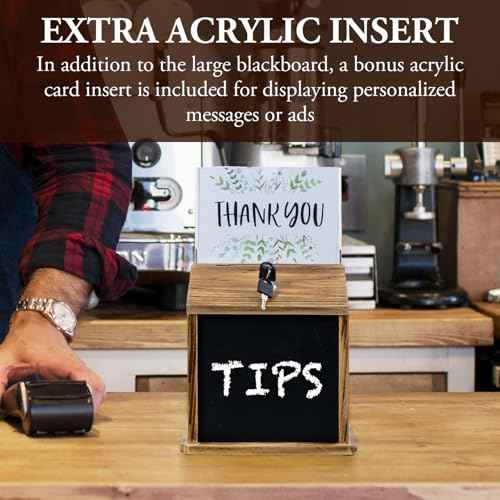 MyGift Rustic Burnt Wood Wall Mountable Fundraising Donation Suggestion Box / Comment Ballot Box with Lock and Key, Clear Acrylic Sign Holder and Chalkboard Surface