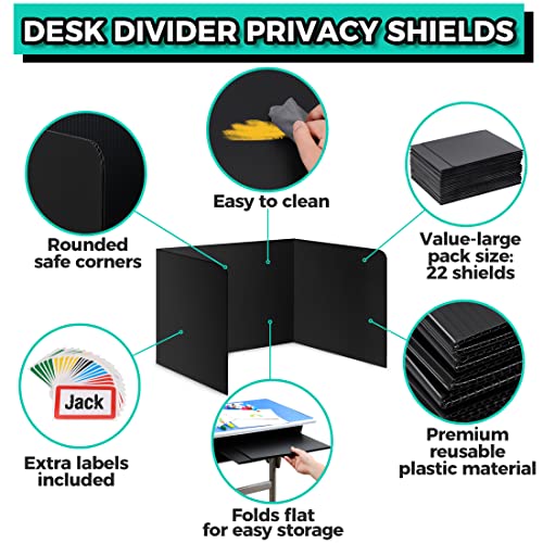 22-Pack Desk Dividers for Students - Durable & Waterproof Plastic Study Carrel Divider, Classroom Folders Teacher Supplies, Easy-to-Clean Plastic Privacy Shield Folder Boards for Student Desks, Black
