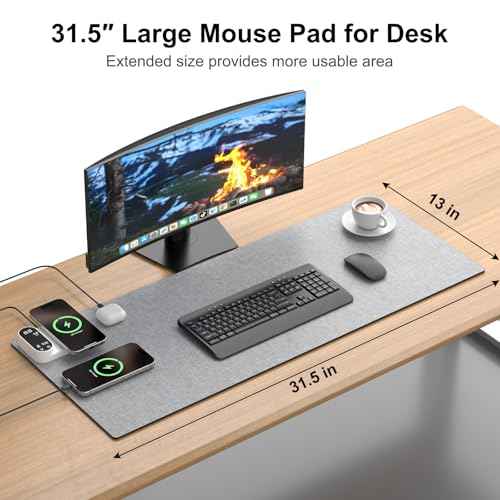 Heated Mouse Pad with 3-in-1 Charging (15W Magnetic Wireless + Type-C + USB-A), Waterproof Warm Desk Pad, 2?6H Auto-Stop Heating, Fabric & PU Leather Office Desk Mat, Large 31.5" x 13" (Grey)