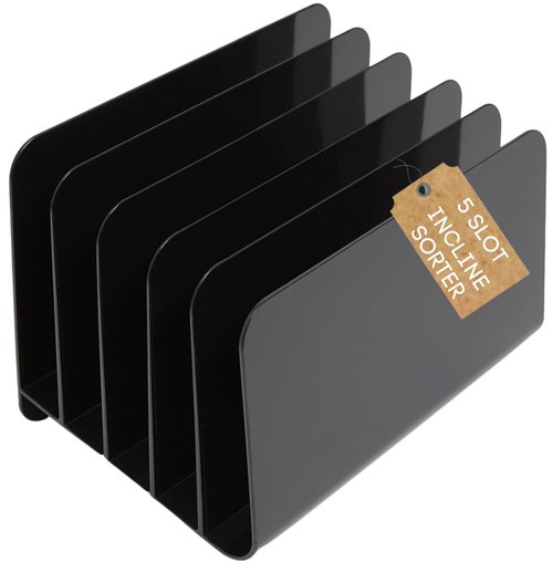 1InTheOffice Inclined File Organizer Desktop, Desk Organizer File Sorter, Plastic Incline Desktop File Sorter, 5 Compartments, Black
