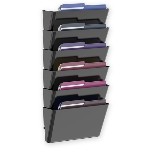 MINDEPOT 6 Pockets Acrylic Wall File Organizer, Clear Wall File Holder, Plastic Hanging Wall File Holder for Office, School and Home, Black