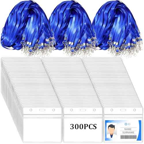 Kosiz 300 Set Lanyards with ID Holder Clear Horizontal Name Tags Badge Flat Neck Lanyards Waterproof Resealable Zip ID Card Holder for Adult Kid Business School Office(Blue)