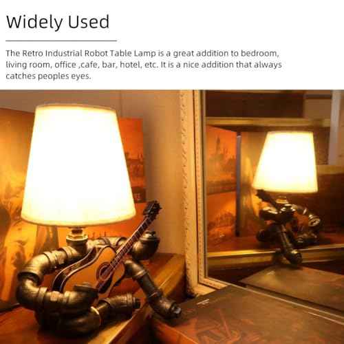 Steampunk Music Guitar Table Lamp,Retro Robot Table Lamps,Cool Guitar Stuff Gifts for Men Music Lovers Guitar Players,Industrial Water Pipe Lamp with Bulb and Shade