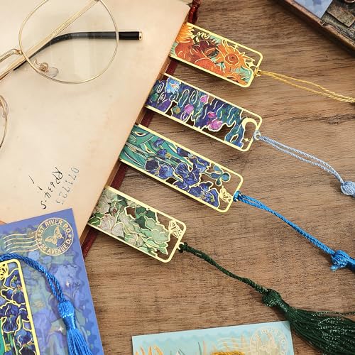 4 Pieces Golden Hollow Metal Bookmarks with Tassel - Oil Painting Theme, Flowers Variation for Book Lovers & Readers