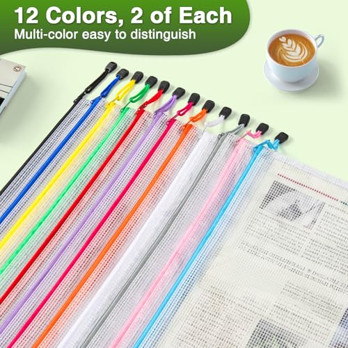 Multicolored 24 Pack A3 Mesh Zipper Bags - Waterproof Storage Pouches