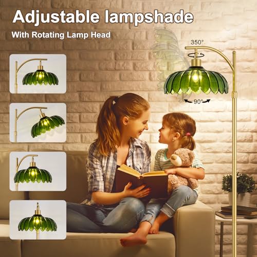 Arc Floor Lamp for Living Room, Modern Standing Lamp with Remote, Dimmable, 3CCT, Arc Tall Floor Lamp with Green Glass Lampshade for Bedroom Study Room Office (Bulb Included)