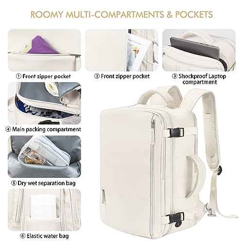 Beraliy Travel Backpack, Large Carry On Backpack, Personal Item Travel Bag, Airline Approved 17 Inch Laptop Backpack, College Weekender Business Hiking Bag, Beige