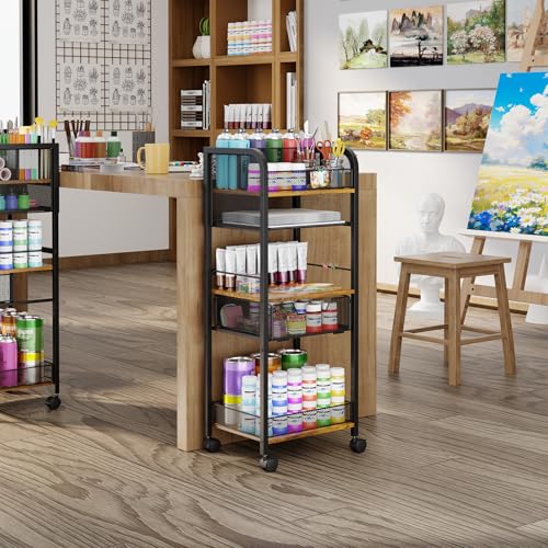 5-Tier Metal Rolling Utility Cart with Drawer, Craft Storage Cart with DIY Divider and Lockable Wheel, Versatile Paint Brush Holder & Paint Organizer & Craft Organizers and Storage for Drawing Room