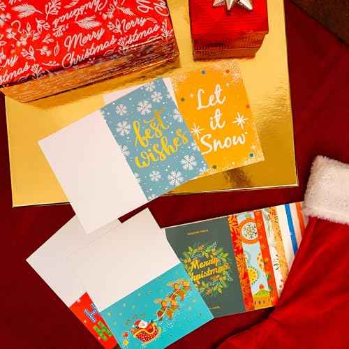 24 Pack Christmas Cards with Envelopes and Stickers, 24 Festive Designs Gold Foil Glitter Christmas Card Set, 6 x 4 In with Printed Greeting Messages Inside, for Friends, Family, and Kids