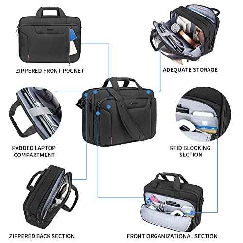 EMPSIGN Stylish Laptop Bag Briefcase, 17.3 Inch Laptop Case Expandable Messenger Bag for Men Water Repellent, RFID Blocking Office Carrying Shoulder Bag for Work Business Travel-Black
