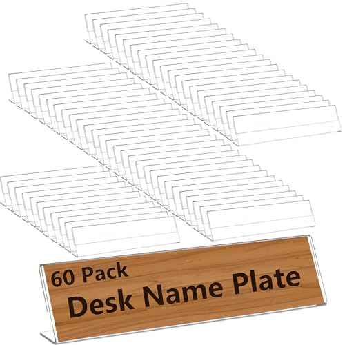 60 Pcs Acrylic Name Plates for Desk 2 x 8 Inches Clear Slant Back Sign Holder Stand License Label Holder for Back to School Classroom Office Conference Business Meeting Table Display