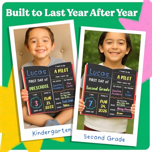 Funcils Book Board First Day of School Sign with 3 Chalk Markers - Kindergarten & Preschool Class Photo Prop