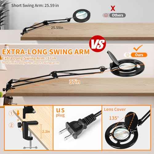 HITTI 10X Long Magnifying Glass with Light and Stand, 2200 Lumens Dimmable Bright LED Lighted Magnifier, Ajustable Swing Arm Magnifying Desk Lamp with Clamp, Hands Free for Hobby Repair Workbench