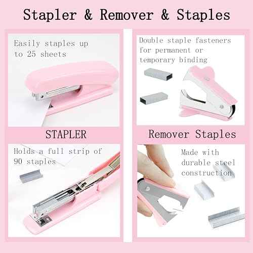 Pink Desk Accessories, Pink Office Supplies 360¡ÆPen Holder Desk Organizers And Accessories with Tape Dispenser, Stapler, Staple Remover, 1000 Staples, Tape, Clips Set, Ruler, Scissor, Pen