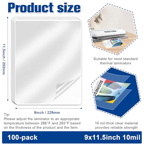 100 Pack 9x11.5inch 10mil Letter Size Laminating Sheets Thermal Laminating Pouches Paper Laminator Sheets File Card Laminator Pouches 8.5x11inch for Permits Cards File Photos (100, 9"x11.5"-10mil)