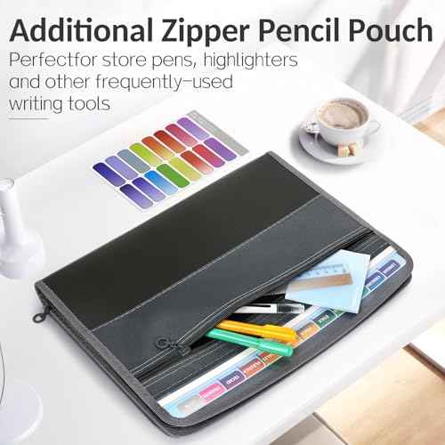 Sooez Accordion File Organizer with Safe Zipper, 12 Pocket Expanding File Folder with Front Pencil Pouch, Portable Monthly Paper Bill Tax Receipt Organizer, School Office Supplies, Letter Size, Grey