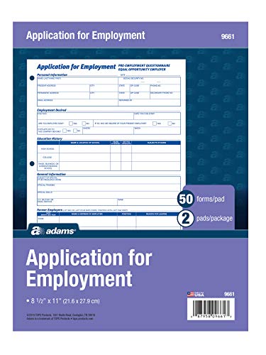 Adams 8.5x11 Applications for Employment Form – 50 Forms/Pack, 2 Pads, 3-Hole Punched (White, 9661)